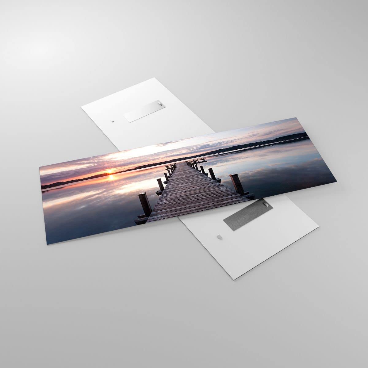 Moderne Impression sur Verre Passerelle Lac Coucher de soleil soir Image Tableau en Verre Decoration Murale 140x50cm Deco Salon Chambre Panoramique Grand XXL Tableaux Decoratifs Art GAB140x50-2635