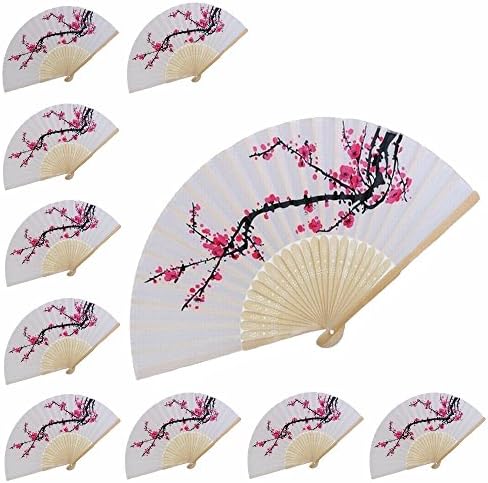VANVENE 10 pcs Delicate Cherry Blossom Design Silk Folding Hand Fan Wedding Favors Gifts Japanese Party