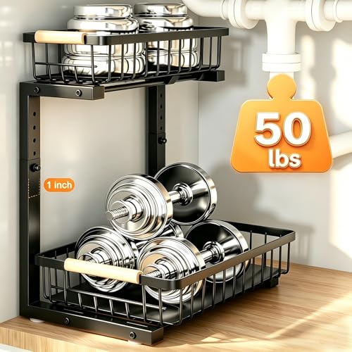 Image of REALINN Under Sink Organizer, Adjustable 2 Tier Pull Out Kitchen Bathroom