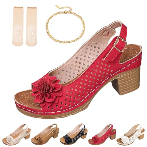 Buckled Square Heel Sandals for Women, Womens Dressy Peep Toe Slingback Chunky Low Heeled Wedge Shoes Dress Sandals(Red,6)
