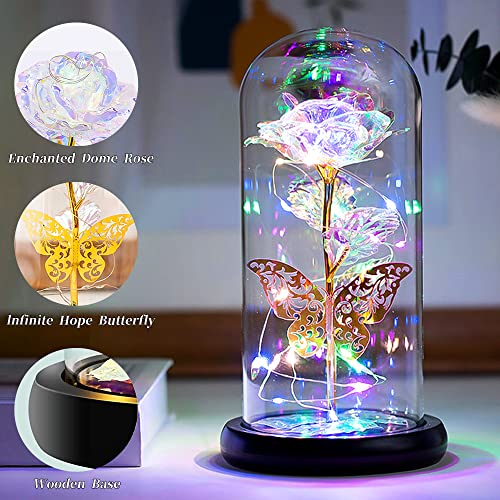 ORORANY Forever Plastic Rose Gift For Her, Galaxy Glass Rose Flower And Butterfly With Led Light Great Gift Ideas For Valentine's Day, Mother's Day, Birthday, Anniversary, Engagement