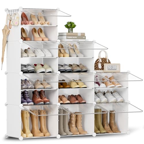 Orgahome Schuhregal, Schuhschrank mit 15 Fächern, schuhregal hoch und schmal, schuhregal weiß, schuhschrank hoch geschlossen für Garderobe Flur...
