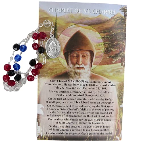Needzo Catholic Prayer Card and Rosary Gift Set, Saint Charbel Chaplet with Red, Blue and Black Crystal Beads and Silver Tone Pray for Us Medal, Pocket Prayers and Rosaries, 5.75 Inches