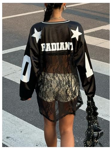 Women's Jersey Shirts Lace Sheer Number Print Oversized Tops See Through V Neck Sports Tee Tops Streetwear2