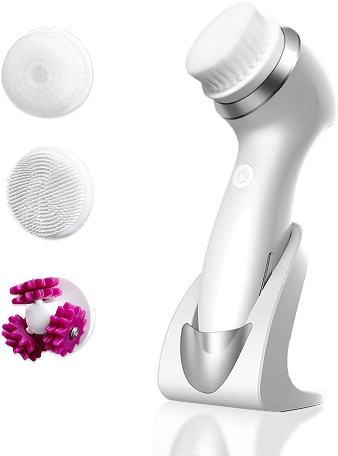 3-in-1 Rechargeable Facial Cleansing Brush – Silicone Face Scrubber with 4-Speed Settings, Deep Pore Cleanser & Exfoliator, Waterproof Face Spin Brush with Base Stand for Men & Women (White)