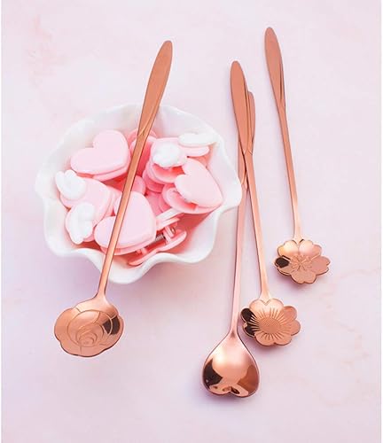 Miniatura 9 de DOITOOL 3 cucharas de acero inoxidable, cucharas de mezcla de mango largo para té, cóctel, café, cucharas para revolver, oro rosa, flor de cerezo