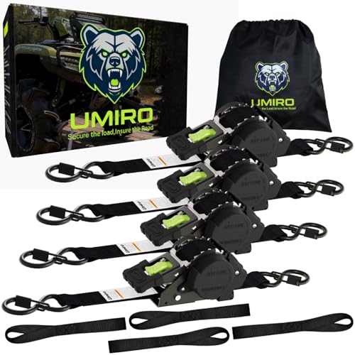 Retractable Ratchet Straps, 4-Pack, 1 Inch x 12 Feet Heavy Duty Tie Downs, 1760lb Break Strength, Self Retracting for Truck, Cargo, Trailer, Motorcycle, ATV, UTV (Black-Green, 4pack)