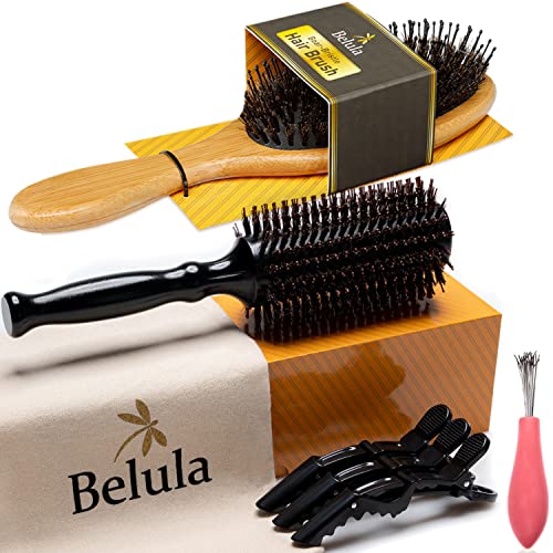 Belula Add Volume To Your Hair Set. Detangling Boar Bristle Hair Brush For Long, Curly Or Any Type Of Hair And Large 2.7" Boar Bristle Round Brush For Blow Drying Set. Restores Hair's Shine And Ads Volume #TOP10
