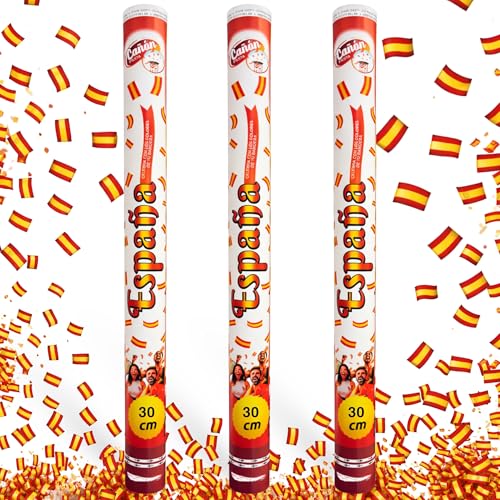 Cañón Confeti Boda, Cañón para fiestas y eventos, Fáciles y Seguros de Usar, Apto para bodas, eventos, celebraciones, Uso interior y Exterior, Pack de 3 unidades (Bandera España, 30 cm)