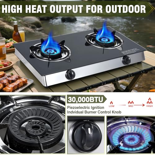 Image of BESTFIRE 2-Burner Propane Gas Cooktop, 30,000 BTU Portable Tempered Glass Stove with Auto-Ignition, CSA Certified Regulator & Hose, Double Burner Stove for Camping, RV & Patio