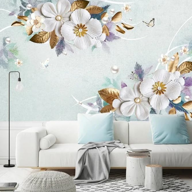 Papier peint blanc 3D relief visuel fleurs de joaillerie 300 cm