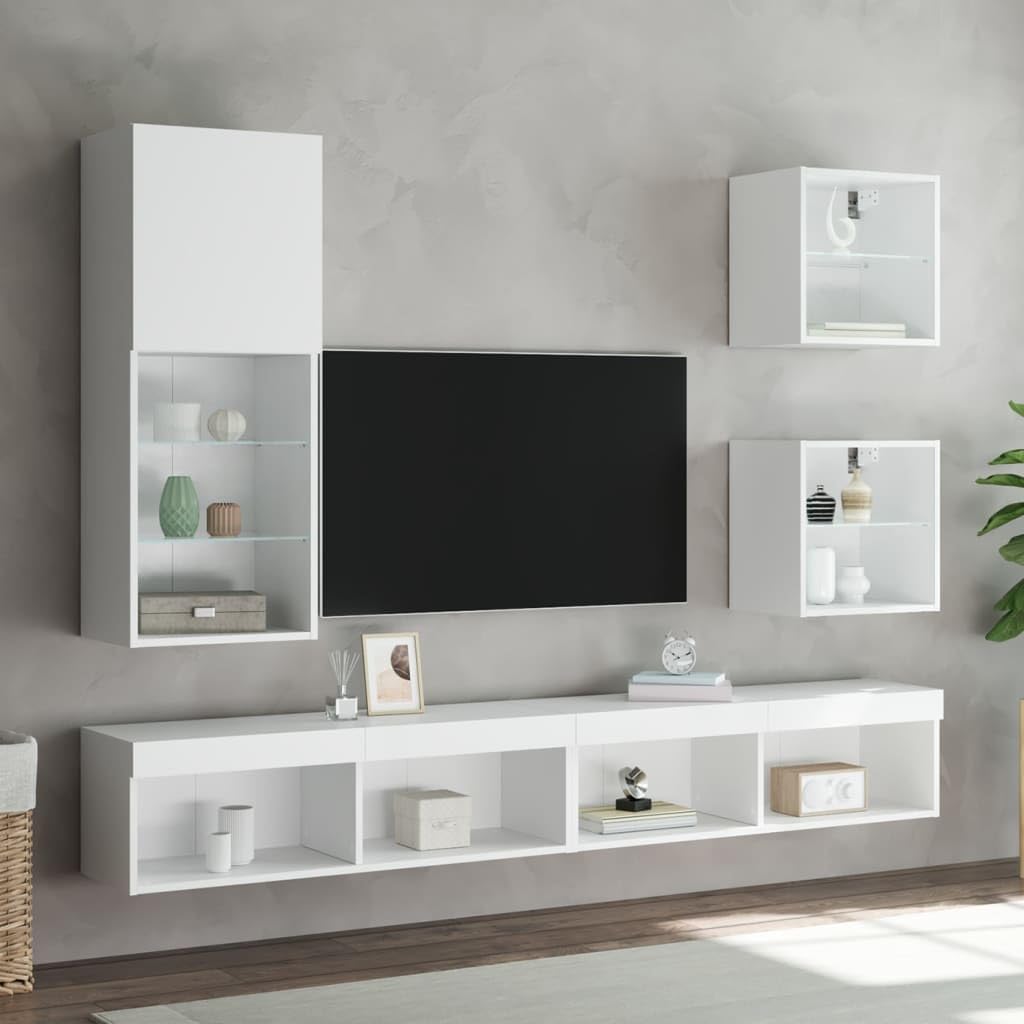 Gecheer Set di 5 armadietti per TV, moderni, mobili per TV, soggiorno, armadio, parete multimediale, TV, pannello basso, armadio, parete per TV, tavolo da soggiorno, in legno bianco, vetro