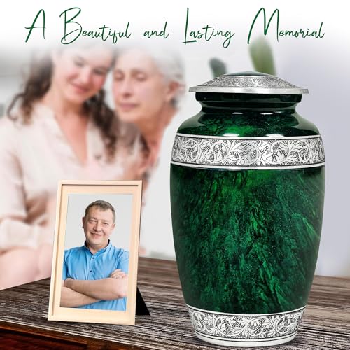 Image of Hand-Engraved Green Urn for Ashes for Women & Men with Ash Pendant & Velvet Bag | Green Marble Finish Metal Cremation Urns for Human Ashes Adult Man | Elegant Burial & Funeral Urn, Large, 220lbs