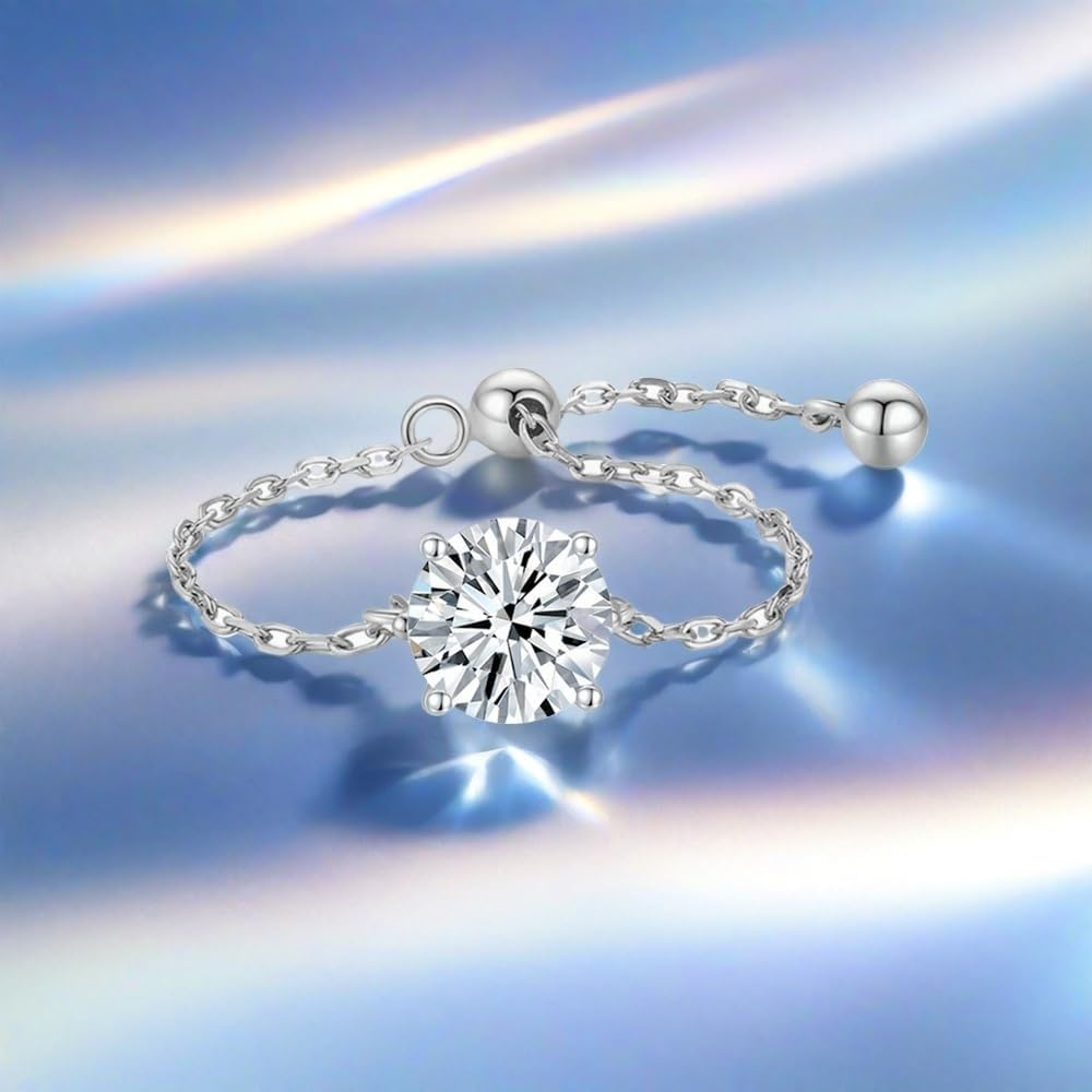 Solitaire Diamond Link Chain Statement Ring Cubic Zirconia with Dangling Bead Ball Tassel Adjustable Stacking Rings Promise Eternity Wedding Engagement Finger Bands Dainty Jewelry for Women Her - Image 6