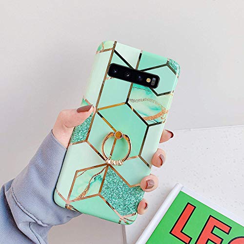 Saceebe Compatible with Galaxy S10e Silicone TPU,Glittered case TPU Soft Silicone Marble Pattern Soft Shell TPU with Finger Ring Bracket Protective Shell Case Cover [Anti-Scratch],green