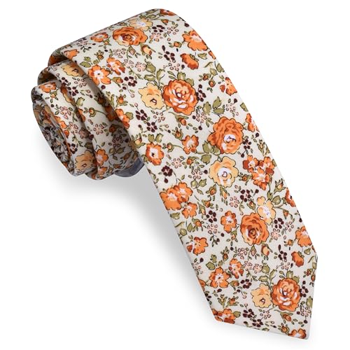 Image of GUSLESON Fashion 2.4 inch(6cm) Floral Skinny Tie for Men Slim Flower Print Cotton Necktie for Wedding Party