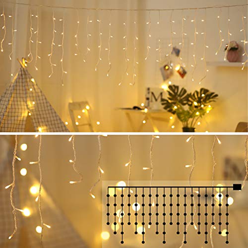 XDlight 10 ft 90 Icicle Lights with 8 Modes Powerd by Battery – Decoration for Indoor & Outdoor，Holiday，Party ，Curtain with White Wire（Warm White）