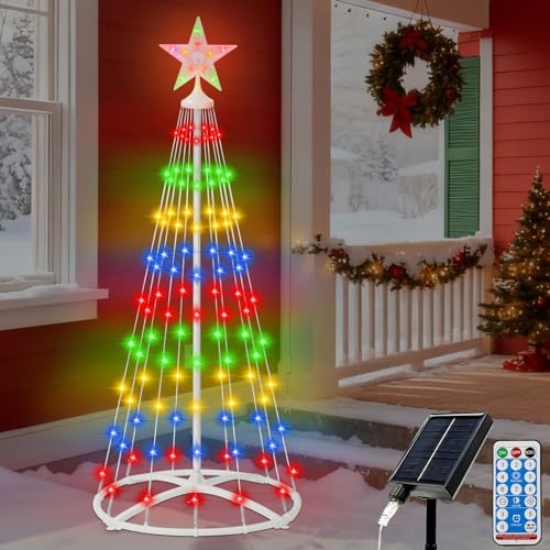 IDEAALS 4FT 118LED Outdoor Solar Christmas Cone Tree Lights 8 Modes Timer Remote RGB Christmas Tree Lights with Star Topper for Xmas Yard Porch Patio Holiday Decor