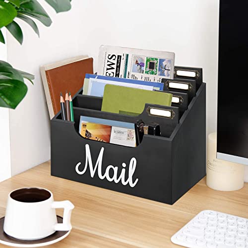 Rustic Mail Organizer Letter Sorter for Counter, Mail Holder Desktop File Organizer Holder, Countertop Desk Office Accessories Organizer for File Letter Paper Folder, White Wooden Desk Organizer