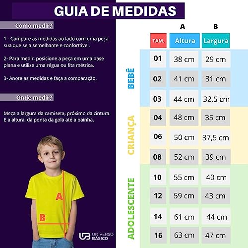 Camiseta Infantil Unissex Básica 100% Algodão, Manga Curta, Lisa, Universo Básico