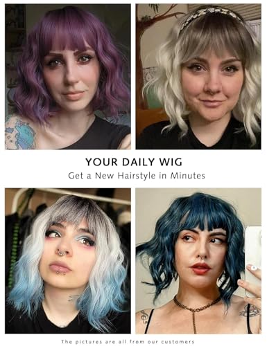 Image of Rose bud Wavy Bob Wig with Bangs Natural Ombre White Blonde Wig Synthetic Hair Shoulder Length Short Curly Wigs for Women