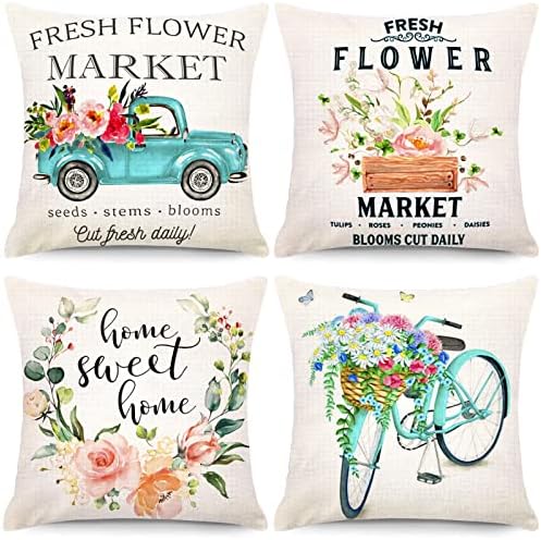 CDWERD Spring Pillow Covers 20x20 Inch Set of 4 Fresh Flower Market Spring Decorations Throw Farmhouse Pillowcase Linen Cushion Case for Spring Home Décor