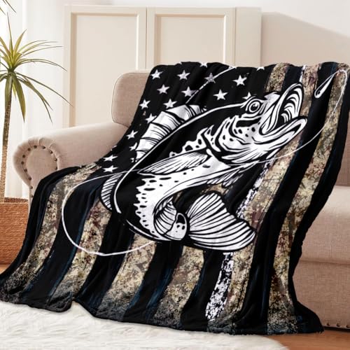 Tupmnbry Camo Hunting Fish Blanket Fishing Gifts for Men Fish Blanket Super Soft Flannel Fleece Blankets Lightweight Fluffy Plush Bed Blanket for Bedding Sofa and Travel 50X60