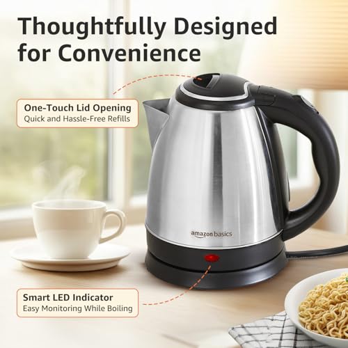 Image of Amazon Basics 1.5 Litre Electric Kettle | 1500W | 360 Swivel Base | Led Indicator | Dry Boil Protection | Auto Shut-off & Overheat Protection | Multipurpose Travel Kettle