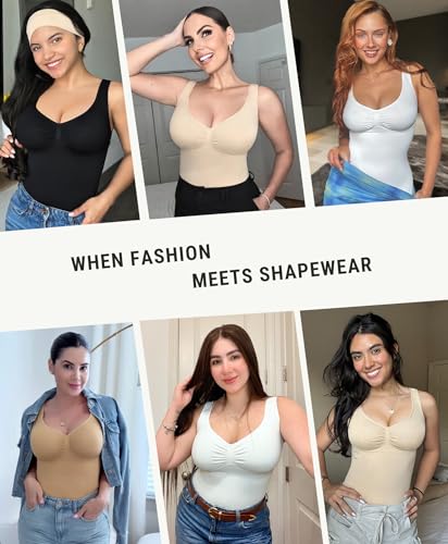 Image of FeelinGirl Women Tank Tops Shapewear: Tummy Control Compression Tank V Neck Seamless Body Shaper Camisole Tops for Women