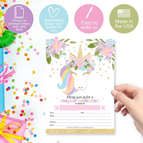 Image of Hadley Designs Kids Birthday Invitations Girl Unicorn Theme - 25 Unicorn Birthday Party Invitations For Girls, Pastel Invites For Girls, Cute Party Supplies, Made in USA