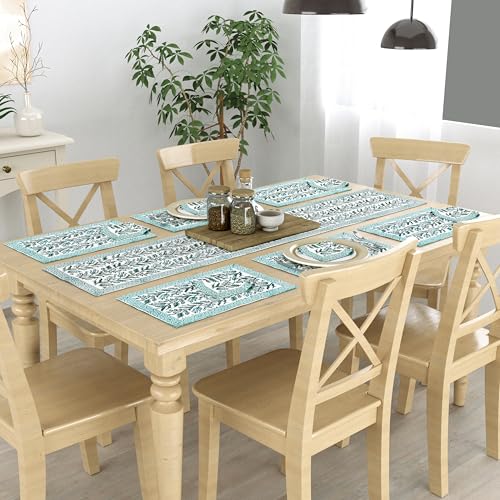 Image of BLOCKS OF INDIA Hand Block Printed Cotton Table Runner, Mat and Napkin Set of 13 pc for Center /Dining Table (Green Bel)