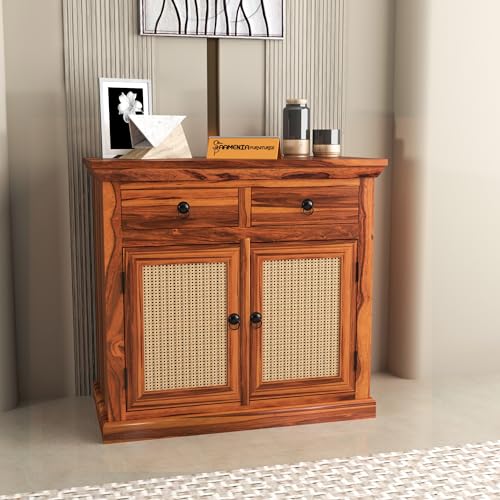 Small Wooden Cabinet for Living Dining Drawing Bedroom & Office with 2 Drawer & 2 Rack - Solid Wood Sheesham Honey Finish Cabinet in Net Style-image-37