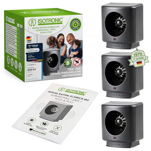 Preisvergleich Produktbild ISOTRONIC Mäusevertreiber mit Ultraschall gegen Mäuse & Ratten / Tradition seit 1979 / 230V Mäuseschreck für Keller, Dachböden, Garagen UVM. / tierschonend & sicher / 3 x 50 m² Wirkungsbereich