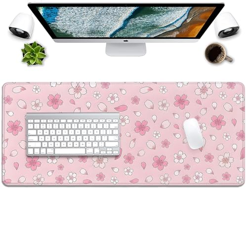 Image of Japanese Cherry Blossoms Extended Desk Pad Mouse Pad,Large Gaming Floral Mouse Mat with Stitched Edges,Non-Slip Rubber Base Mousepad for Office Computer Keyboard Laptop Home(27.5X11.8 in)