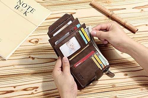 DIDE Mens Stylish Genuine Leather Wallet Soft Spacious Credit Debit Card Holder RFID Blocking Bifold Large Capacity Zipper Coin Pocket 16 Slots Removable ID Window 2 Memory (Dark Brown), Dq8292