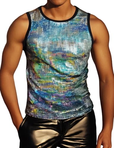 ZEROYAA Mens 70s Sequin Tank Top Shiny Disco Metallic Sparkle Sleeveless Shirt Party Dance Nightclub ZWYB05-Laser Silver-Large