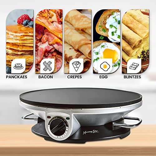 Morning Star Electric Crepe Maker Machine With 13-Inch Non-Stick Griddle Ideal For Pancakes, Eggs, Tortillas, & Lefse With Batter Spreader And Attached Handle Crepes Maker #TOP1
