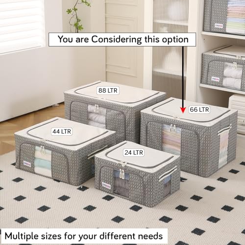 Image of HOKIPO Closet Organizer for Clothes | Multipurpose Storage Box & Organizer | Premium PE-Coated Fabric with Dual Windows | Ideal Saree Cover |66L, Pack of 2 Charcoal Grey (AR-5929-CGRY*2)