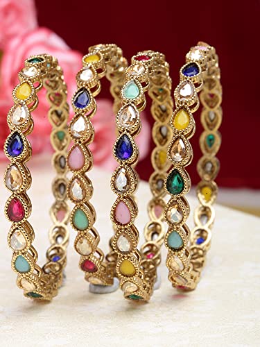 Image of Karatcart Gold Plated Set of 4 Drop Shape Multicolor Stone Studded Bangles for Women
