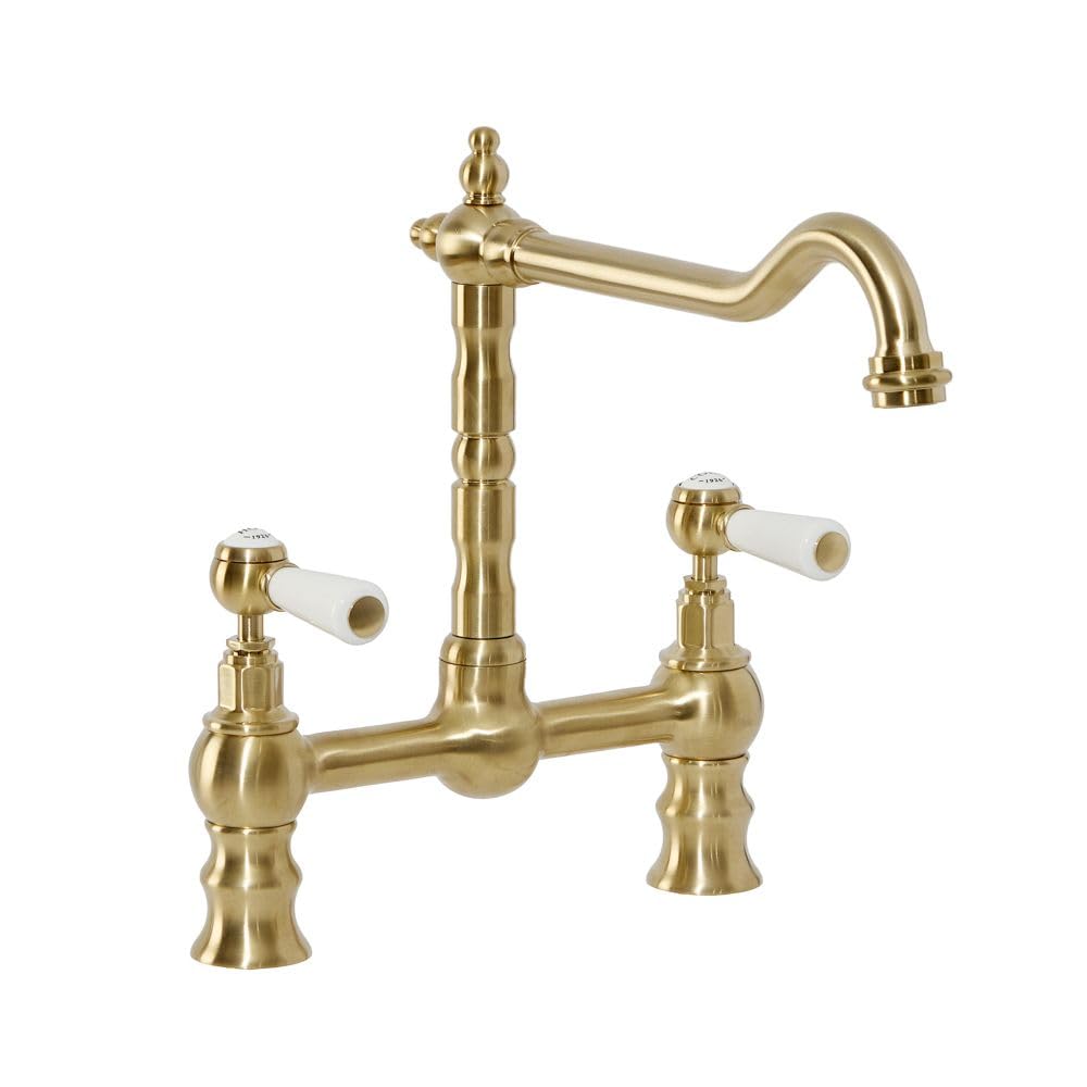 Milano Brushed Brass Elizabeth Lever Handle Bridge Kitchen Sink Mixer Tap Swivel Spout - Brass