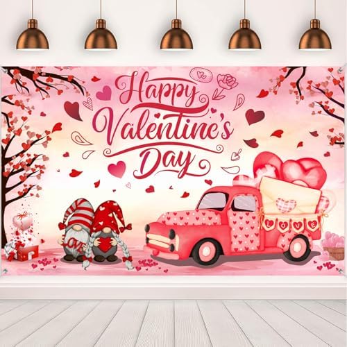 Valentine's Day Backdrop, Red Pink Happy Valentine's Day Banner, ...