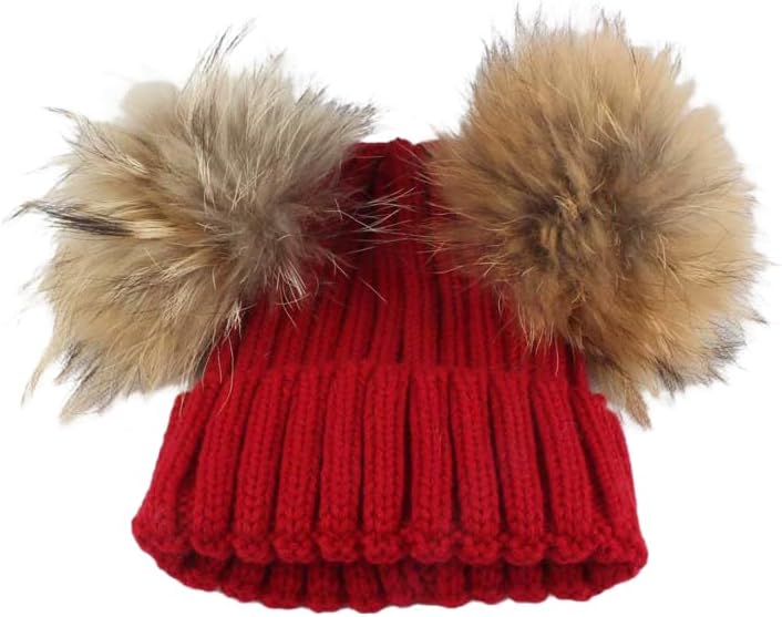 Kids' Double Raccoon Dog Fur Pom Pom Beanie, Thick Ribbed Knit Winter Hat and Rolled Brim, Warm Cap for Boys & Girls