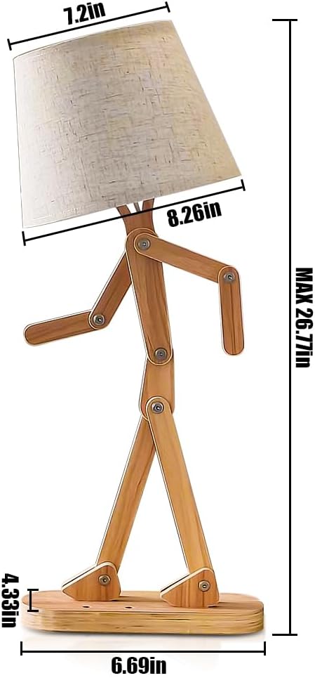 Cute Desk Lamp,Person Lamp,Robot Bedside Table Lamps for Livingroom,Unique Lamps,Home Office Decor Desk Light,Wood Arms and Legs Adjuatable,E12 Base Holder,Fabric Lampshade,Fun,Bedroom Small Floorlamp