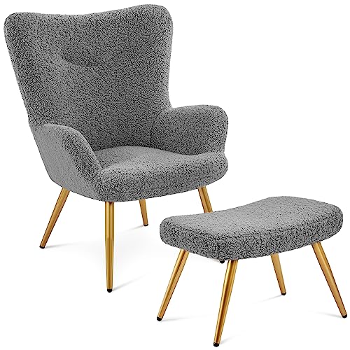 Yaheetech Sillón Orejero con Reposapiés Butaca de Salón Tapizada en Bouclé Sillón Lectura con Otomana de Respaldo Alto Plegable Ergonómico Soporte 136kg Ideal para Salón Dormitorio Oficina Gris
