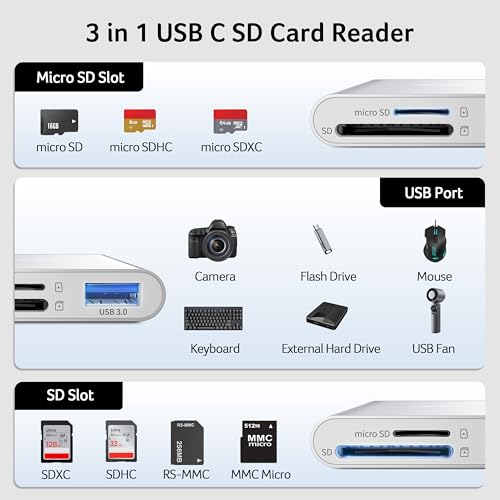 Image of Acer SD Card Reader USB C, 3 in 1 Memory Card Reader with Dual Slots /USB3.0 | Aluminum Micro SD Card Adapter for iPhone 17 /16 /15 Compatible with Camera, Android, MacBook Neo /Pro /Air, Laptop-Silver