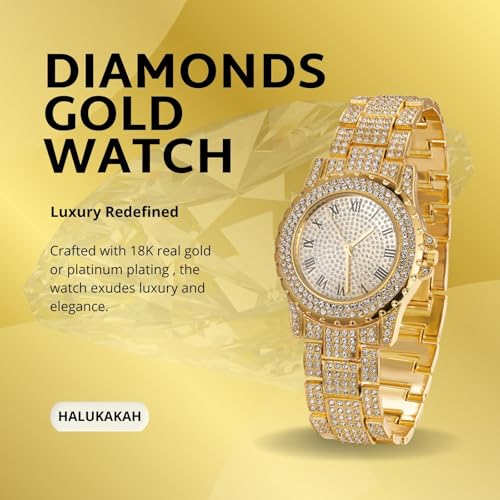 Halukakah Diamonds Gold Watch Iced Out for Boy Teens Kids - 18K Real Gold/Platinum Plated, 39mm Round Dial, Japanese Quartz - 7.5" Length - Optional with Cuban Link Chain - for Birthday, Parties2