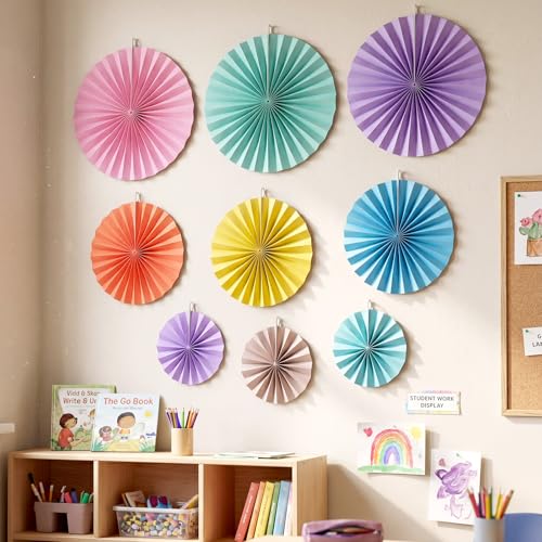 Image of 18 Pcs Pastel Hanging Paper Fans Decor Pastel Paper Fans Round Garlands Bulletin Board Classroom Decorations for Birthday Classroom Backdrop Party Supplies