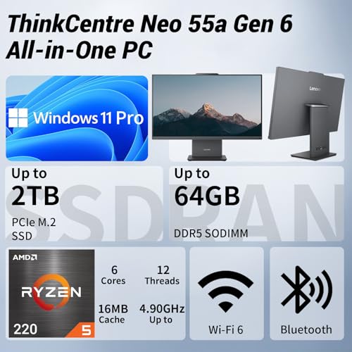 Image of Lenovo ThinkCentre Neo 55a Gen 6 Business All-in-One, 23.8 inch FHD IPS 100Hz, AMD Ryzen 5 220 Up to 4.9 GHz, 16GB DDR5, 512GB SSD, Wired KB & Mouse, HDMI, 5MP Webcam, Wi-Fi 6, Windows 11 Pro, w /Bundle