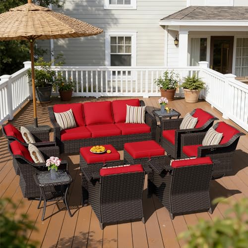Image of 11 Piece Patio Furniture Set, Wicker Outdoor Conversation Set | Patio Chair Set with Olefin Removable Cushion, All-Weather Outdoor Couch with Deep Seat for Porch, Deck and Backyard, Red