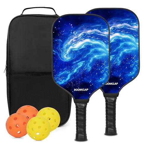 BOOMCLAP Pickleball-Paddel 2er-Set – Fiberglas-Oberfläche, komplett mit 2 Schlägern, 4 Bällen und tragbarer Tragetasche – ideal für Männer und Frauen Blau